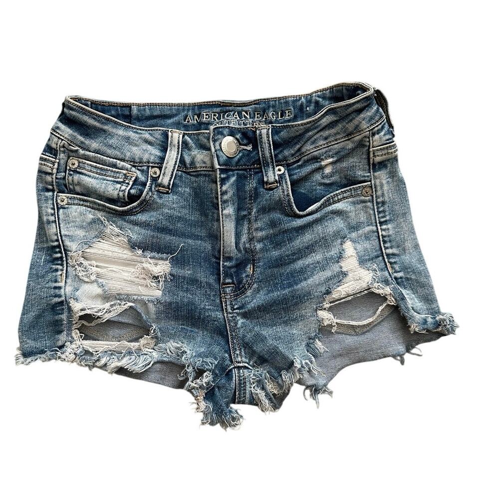 American Eagle‎ Hi-Rise Shortie Distressed Denim Shorts Size 25 Light Wash